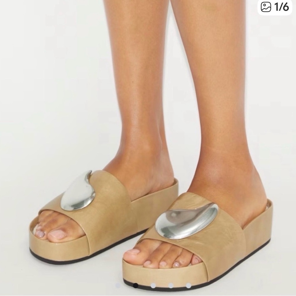 Tory Burch Patos Tan Slide Sandals with Silver Accent - 8.5